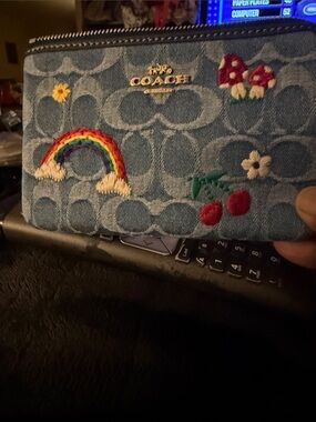 Coach Denim Blue Zip Wallet with Rainbow & Cherry Embroidery